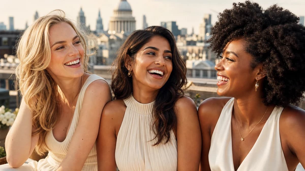 Multicultural women smiling outdoors with bright, confident smiles after cosmetic teeth brightening